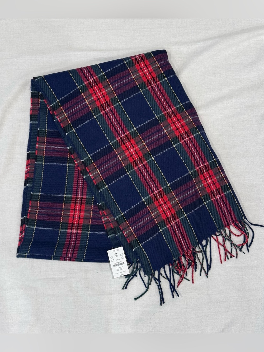 (NWT) J. Crew Navy and Red Plaid Fringe Scarf